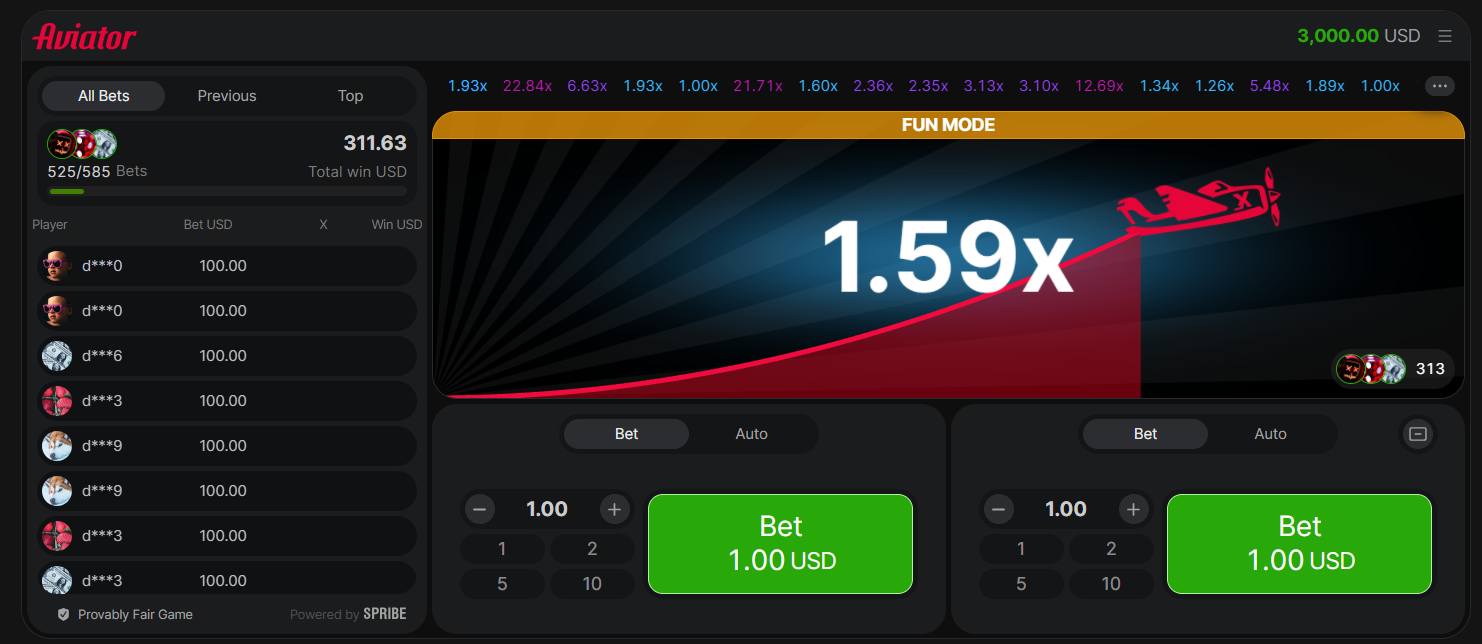 Screenshot of Aviator crash game by Spribe in Fun Mode showing a 1.59x multiplier, betting panel, and player list.