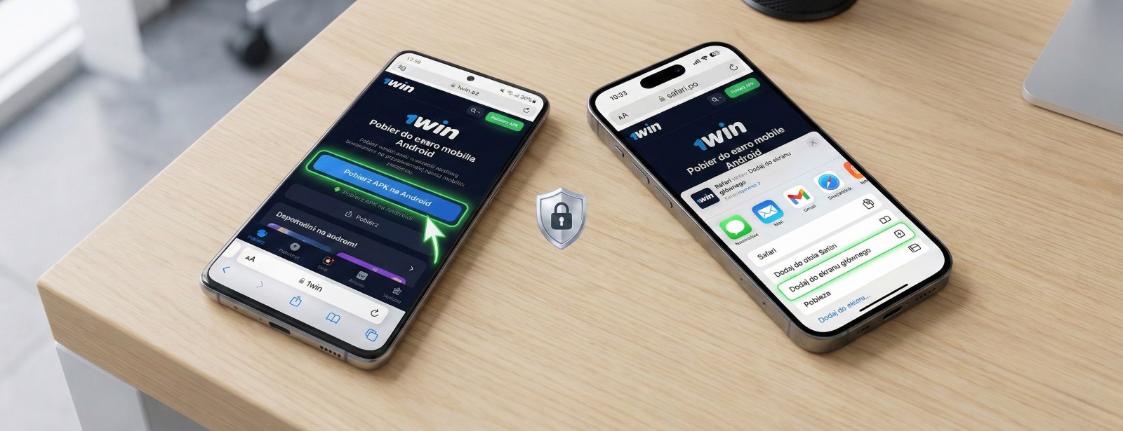 Two smartphones on a desk showing 1win mobile installation steps for Android APK and iOS Safari Add to Home Screen menu.