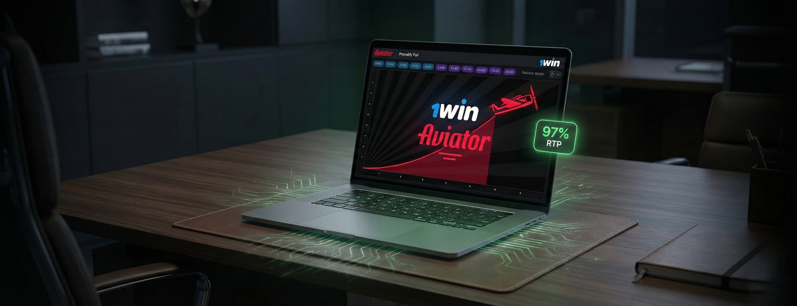 A laptop on a desk displaying the official 1win Aviator crash game interface with a 97% RTP badge and red plane