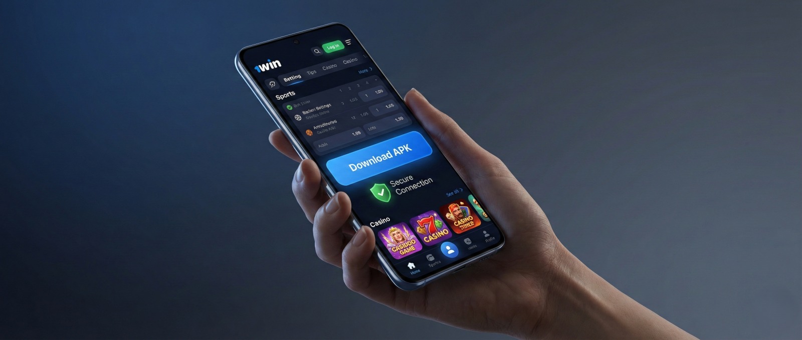 Hand holding a smartphone showing the 1win app interface with a Download APK button and secure connection badge